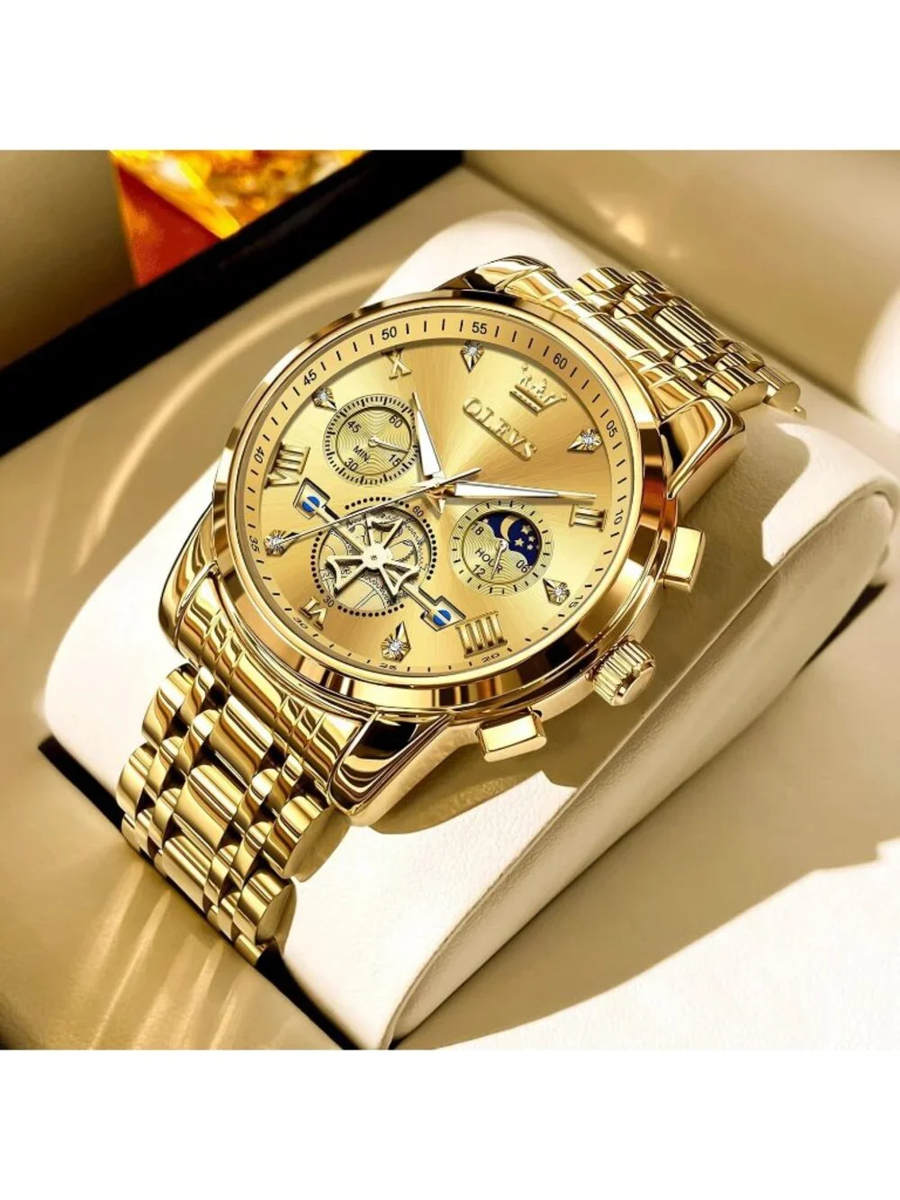 Men's Gold Stainless Steel Chronograph Waterproof Quartz Elegant Dress Watch